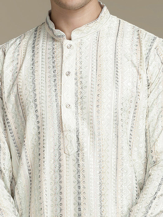 Beige Soft Green Stripes Cotton Block Print Mandarin Collar Regular Fit Kurta