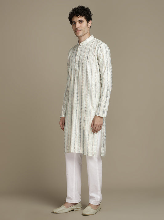 Beige Soft Green Stripes Cotton Block Print Mandarin Collar Regular Fit Kurta