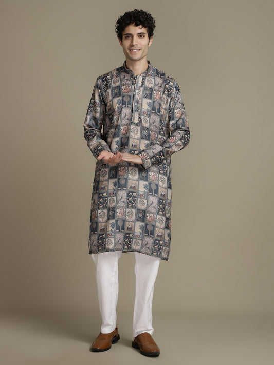 Heritage Offwhite seagreen Box Print Mandarin Collar Regular Fit Kurta