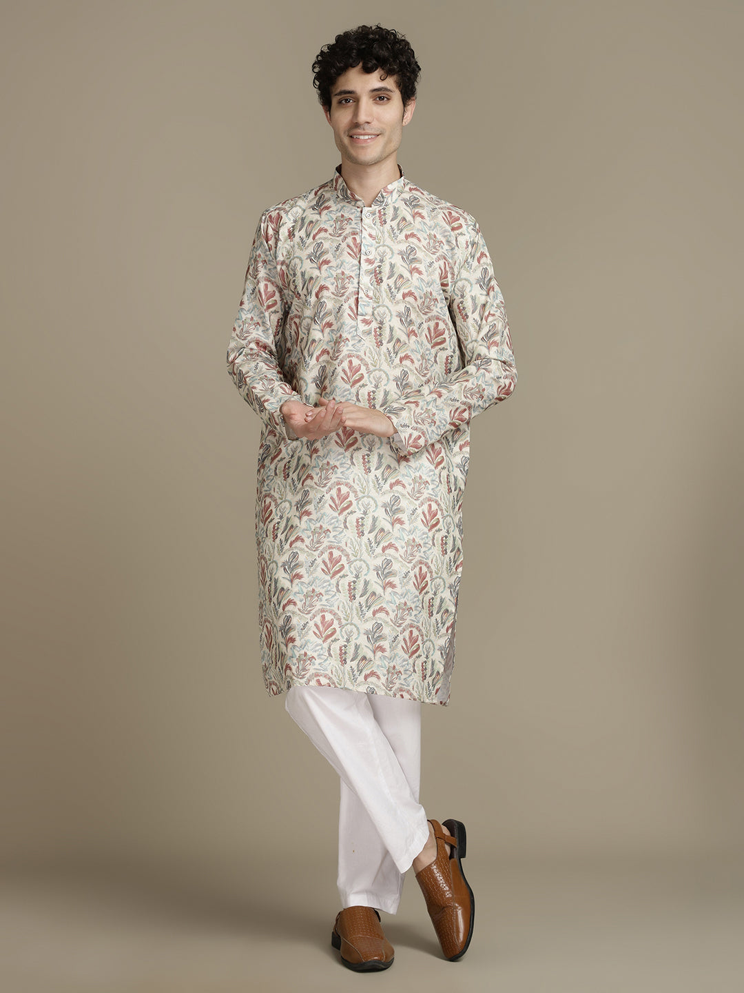 Beige Offwhite Cotton Digital Print Mandarin Collar Regular Fit Kurta