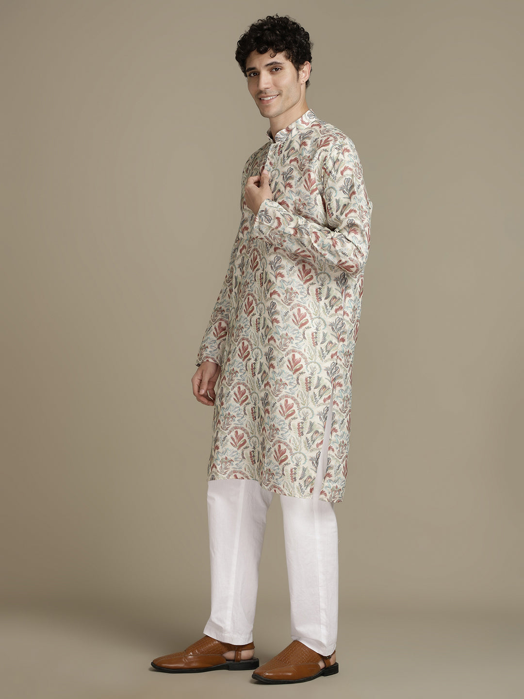 Beige Offwhite Cotton Digital Print Mandarin Collar Regular Fit Kurta