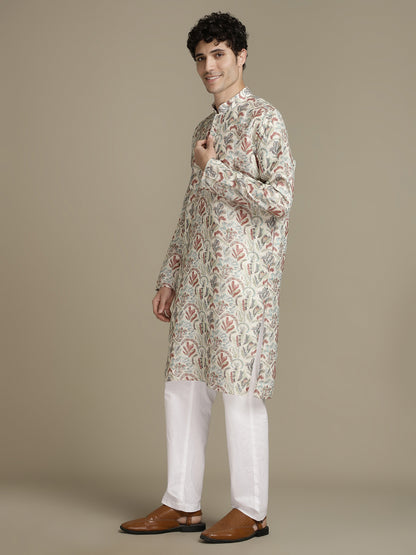 Beige Offwhite Cotton Digital Print Mandarin Collar Regular Fit Kurta