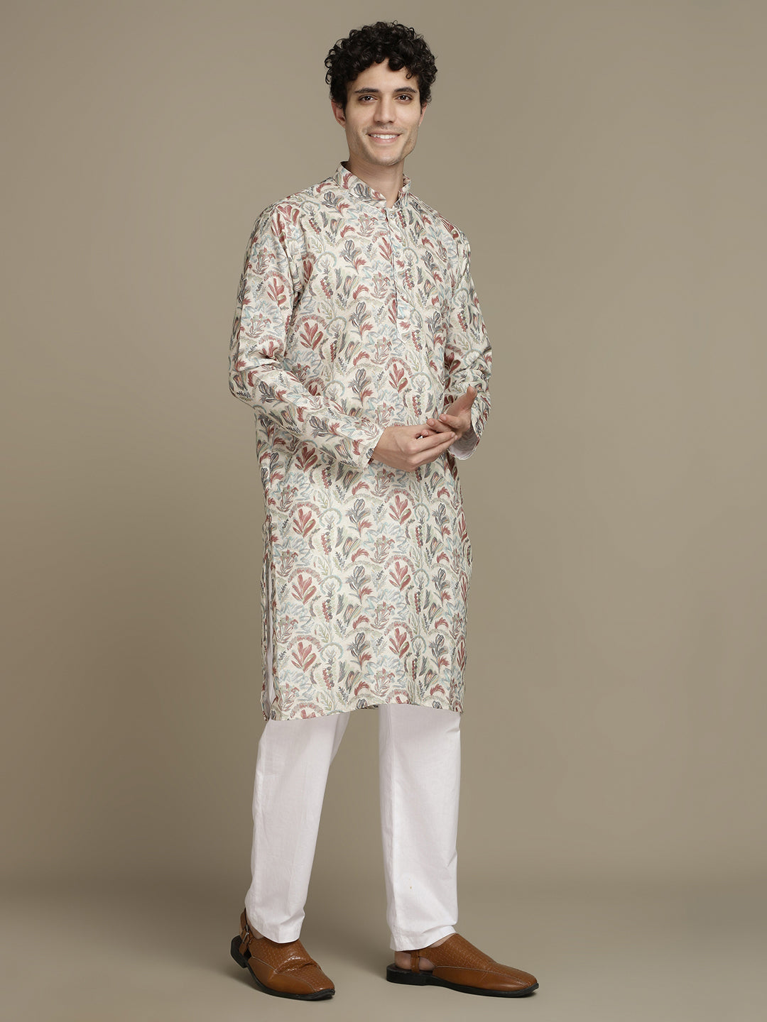 Beige Offwhite Cotton Digital Print Mandarin Collar Regular Fit Kurta