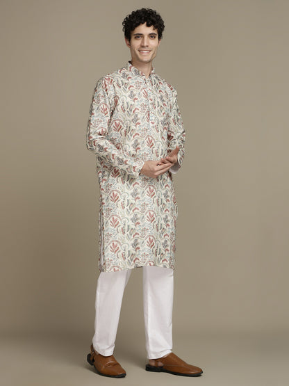 Beige Offwhite Cotton Digital Print Mandarin Collar Regular Fit Kurta