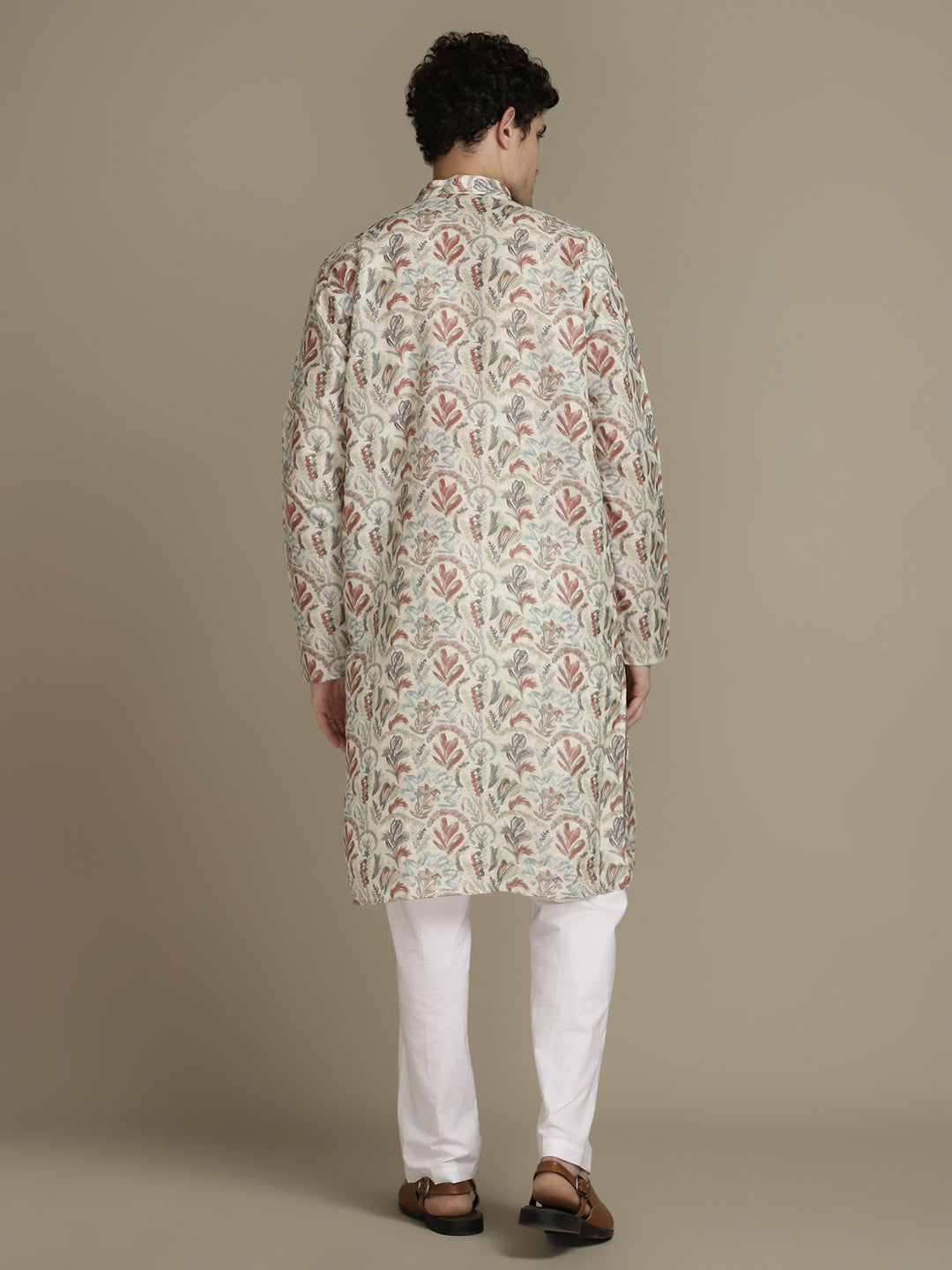 Beige Offwhite Cotton Digital Print Mandarin Collar Regular Fit Kurta