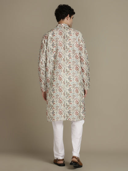 Beige Offwhite Cotton Digital Print Mandarin Collar Regular Fit Kurta