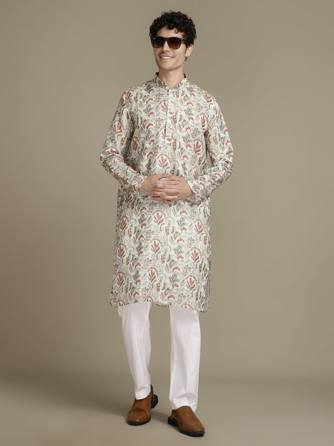 Beige Offwhite Cotton Digital Print Mandarin Collar Regular Fit Kurta