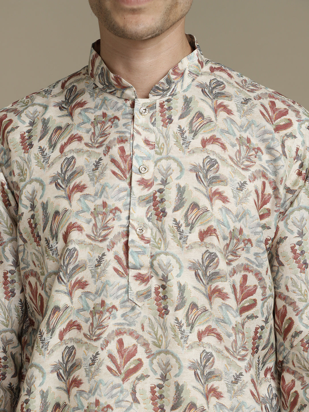 Beige Offwhite Cotton Digital Print Mandarin Collar Regular Fit Kurta