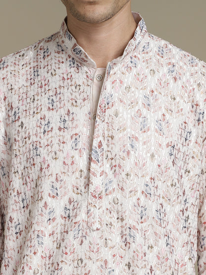 Elegant Embroidery White Cotton Block Print  Mandarin Collar Regular Fit Kurta