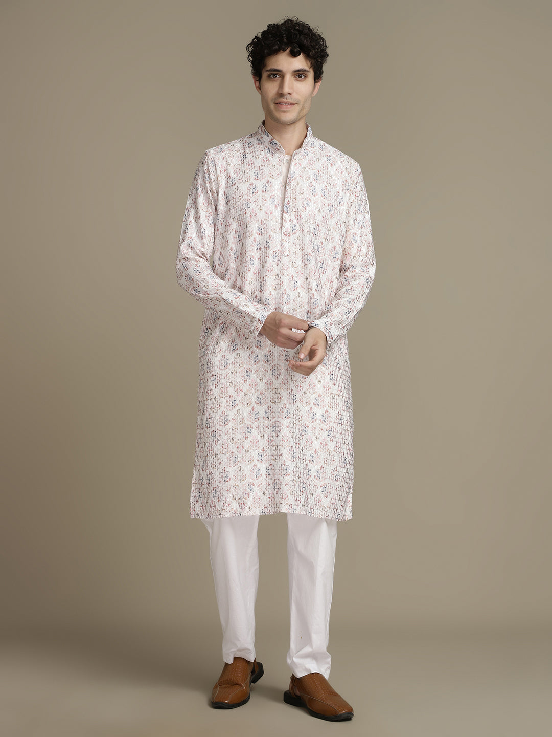 Elegant Embroidery White Cotton Block Print  Mandarin Collar Regular Fit Kurta