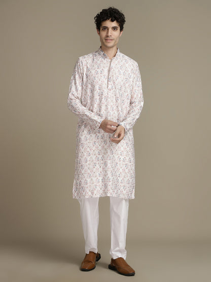 Elegant Embroidery White Cotton Block Print  Mandarin Collar Regular Fit Kurta