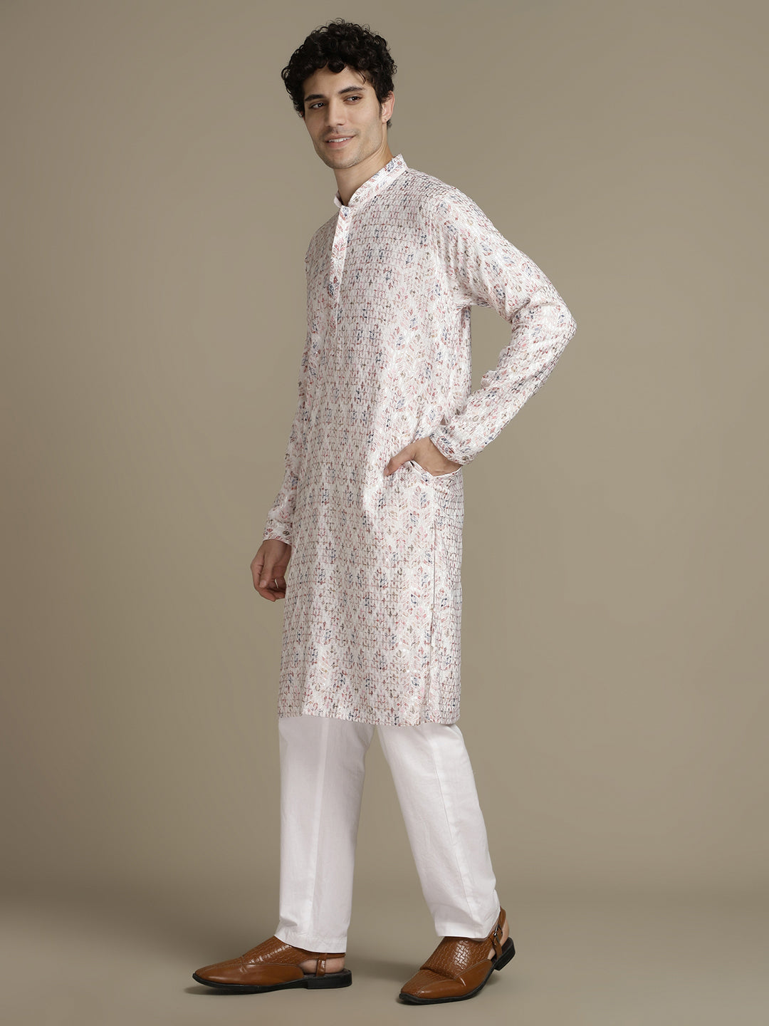 Elegant Embroidery White Cotton Block Print  Mandarin Collar Regular Fit Kurta