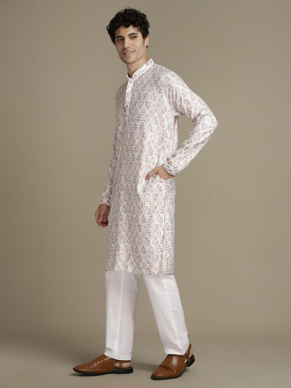 Elegant Embroidery White Cotton Block Print  Mandarin Collar Regular Fit Kurta
