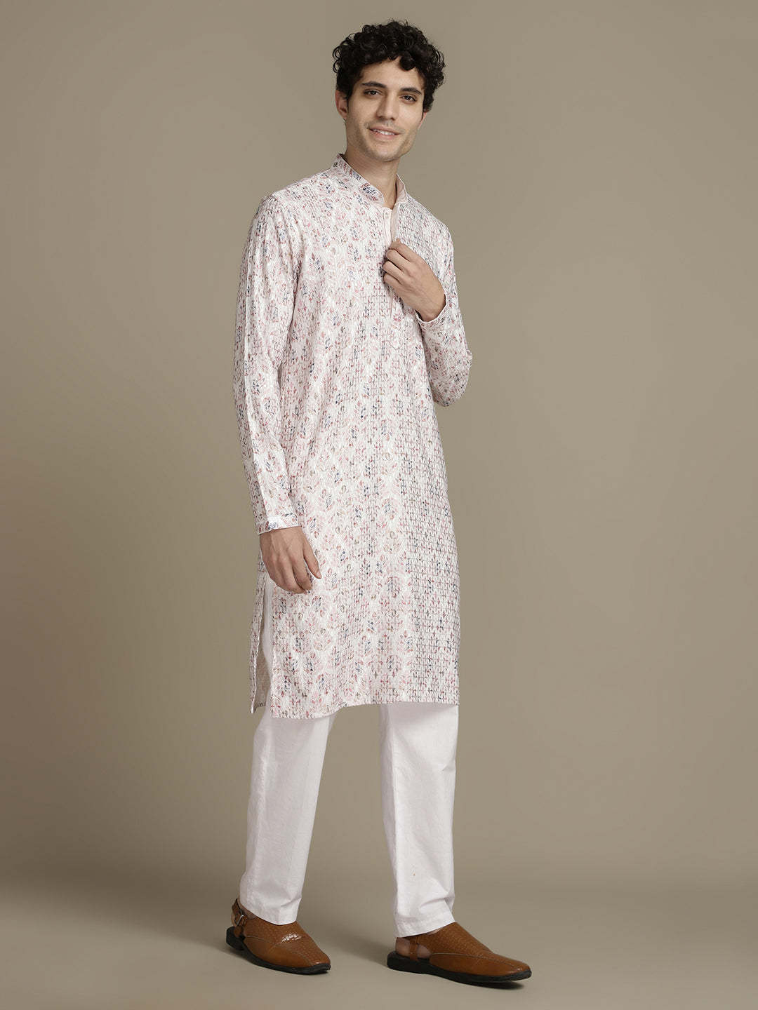 Elegant Embroidery White Cotton Block Print  Mandarin Collar Regular Fit Kurta