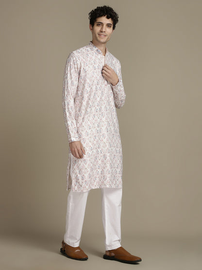Elegant Embroidery White Cotton Block Print  Mandarin Collar Regular Fit Kurta