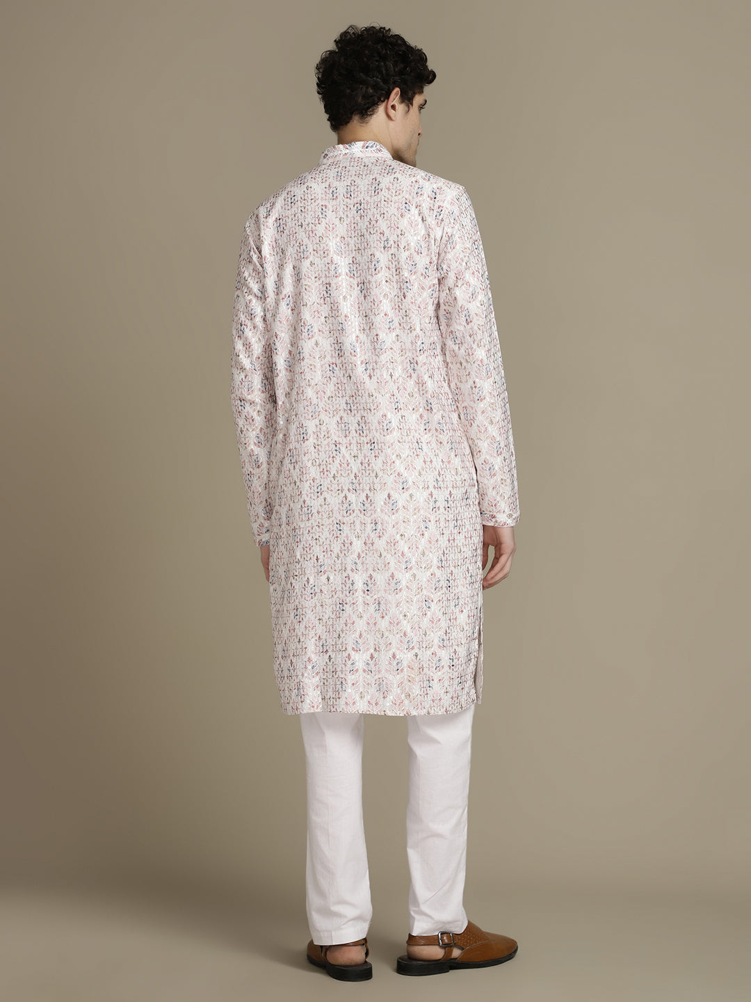 Elegant Embroidery White Cotton Block Print  Mandarin Collar Regular Fit Kurta