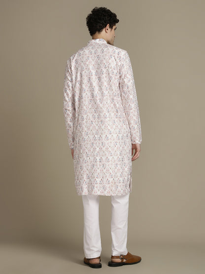 Elegant Embroidery White Cotton Block Print  Mandarin Collar Regular Fit Kurta