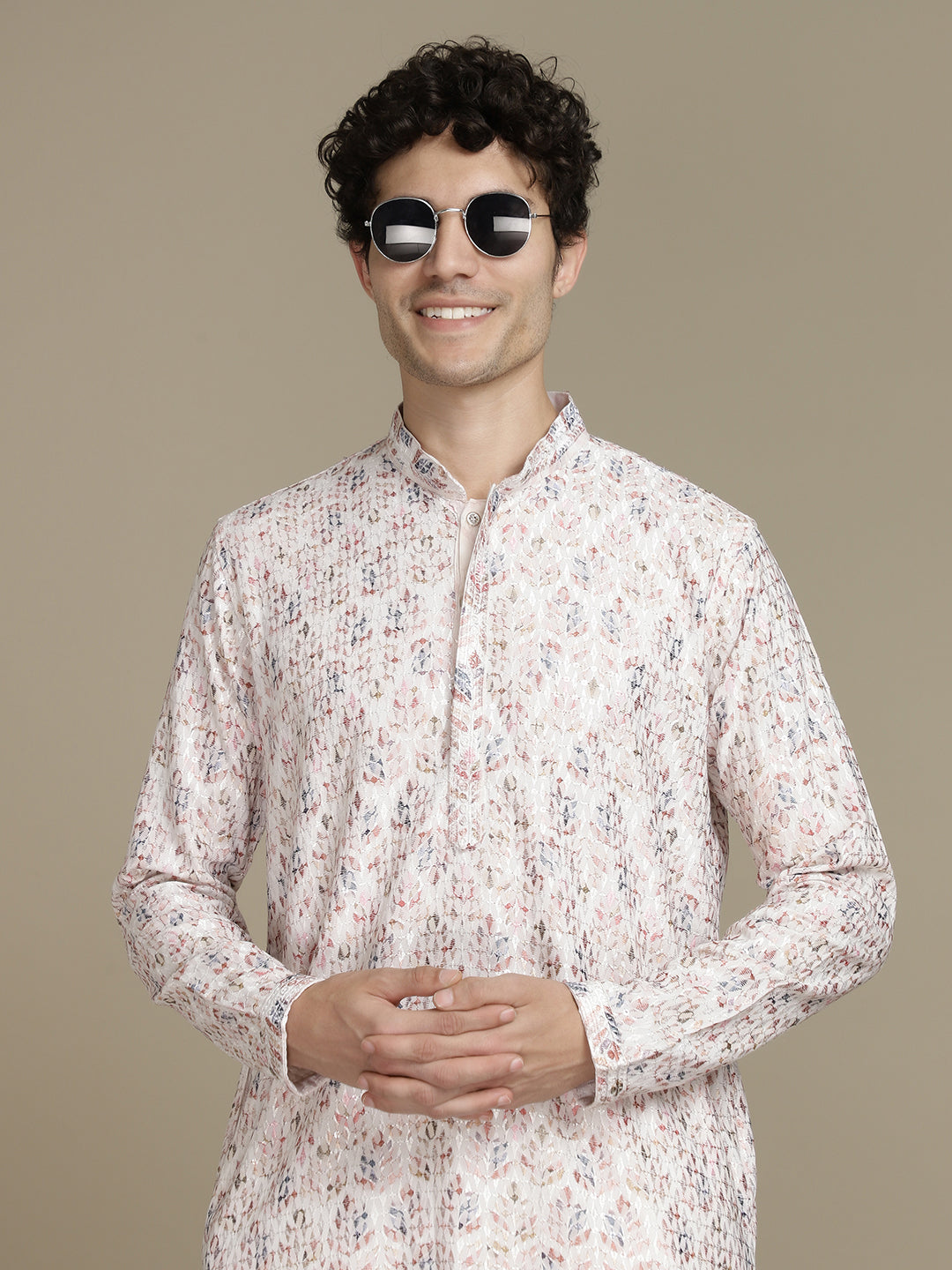 Elegant Embroidery White Cotton Block Print  Mandarin Collar Regular Fit Kurta