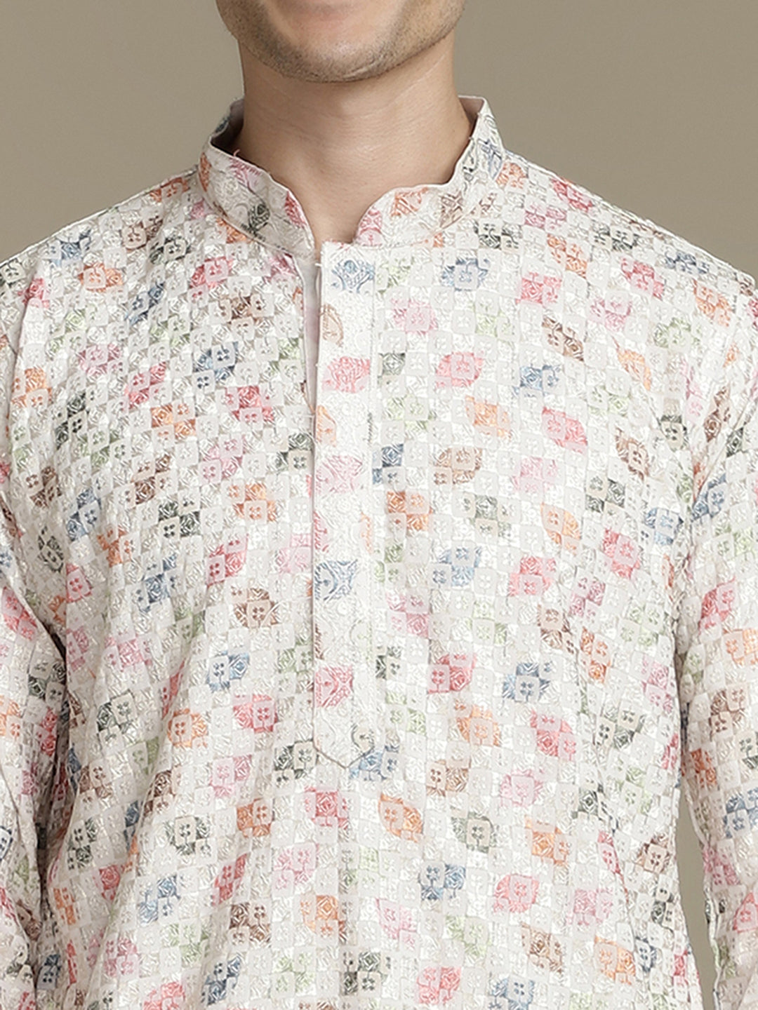 Embroidery Beige Cotton Multi Color Block Print Mandarin Collar Regular Fit Designer Kurta