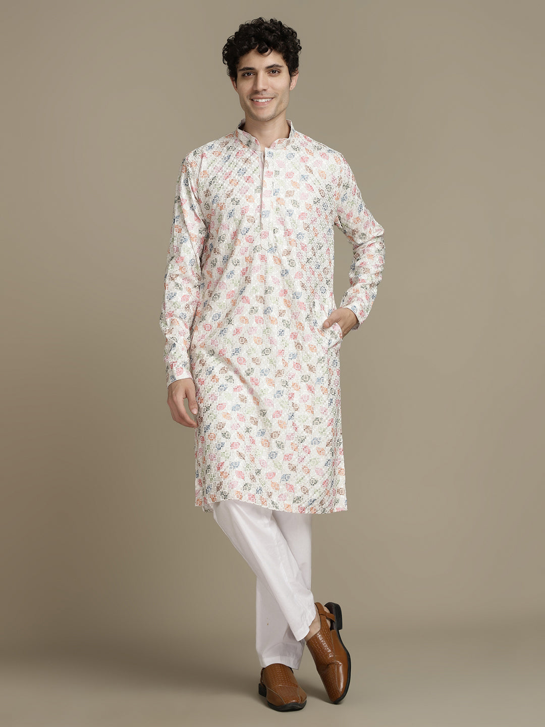Embroidery Beige Cotton Multi Color Block Print Mandarin Collar Regular Fit Designer Kurta