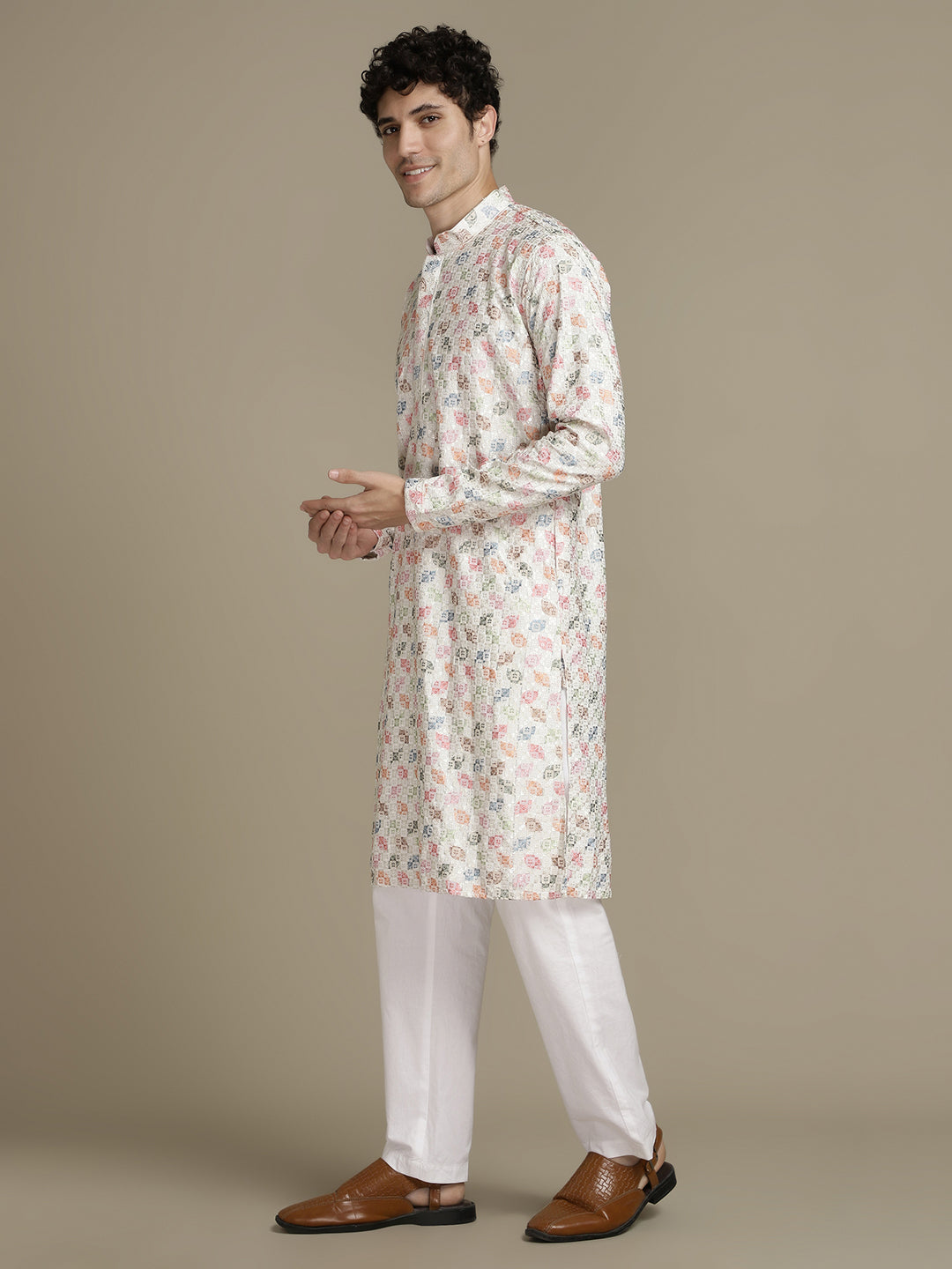 Embroidery Beige Cotton Multi Color Block Print Mandarin Collar Regular Fit Designer Kurta