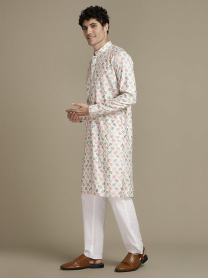 Embroidery Beige Cotton Multi Color Block Print Mandarin Collar Regular Fit Designer Kurta