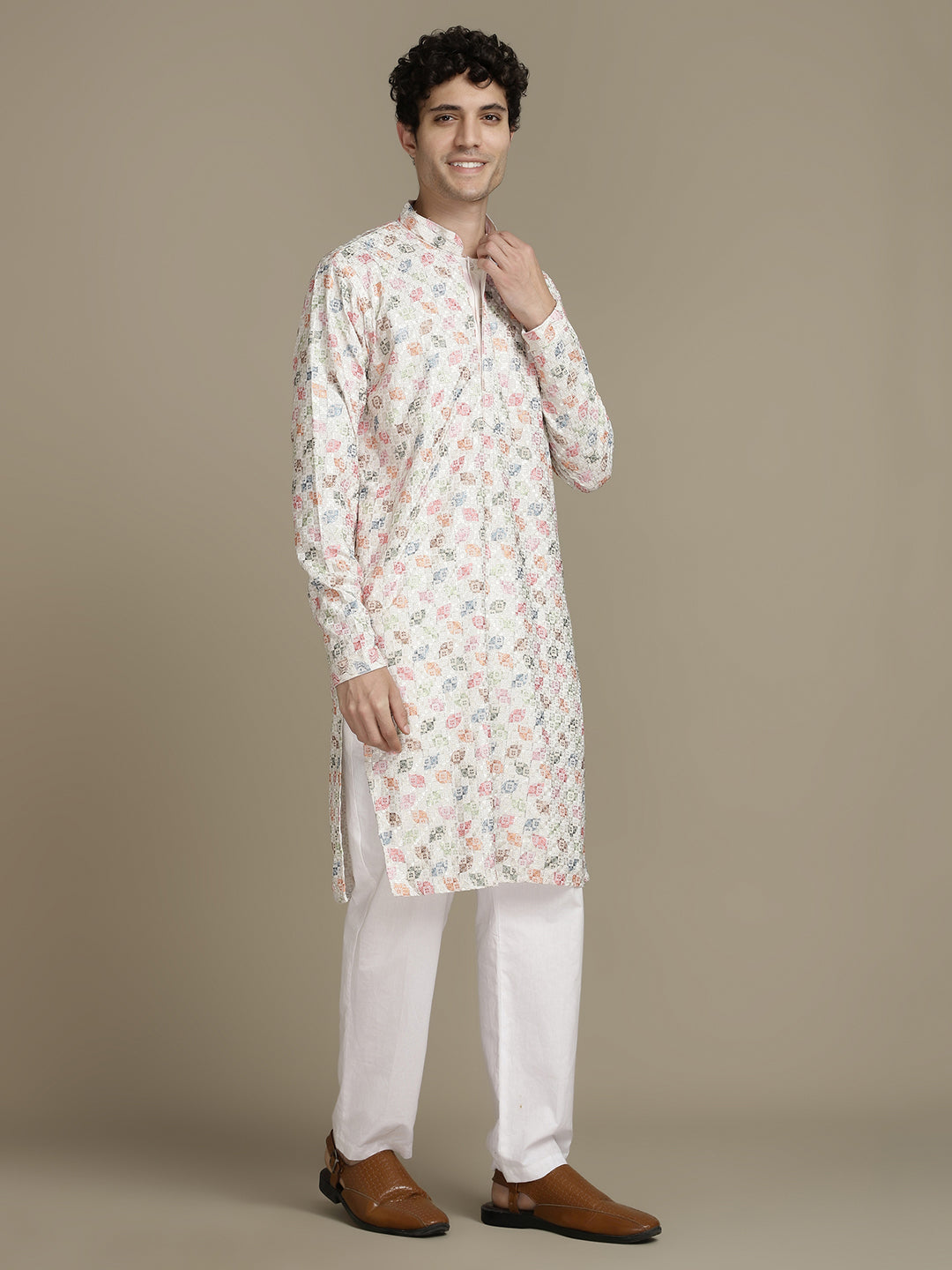 Embroidery Beige Cotton Multi Color Block Print Mandarin Collar Regular Fit Designer Kurta