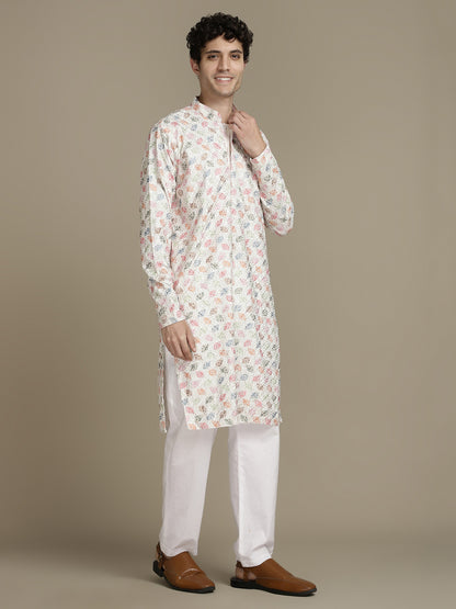 Embroidery Beige Cotton Multi Color Block Print Mandarin Collar Regular Fit Designer Kurta