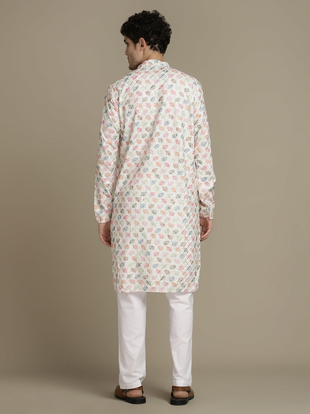 Embroidery Beige Cotton Multi Color Block Print Mandarin Collar Regular Fit Designer Kurta