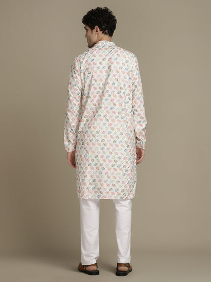 Embroidery Beige Cotton Multi Color Block Print Mandarin Collar Regular Fit Designer Kurta