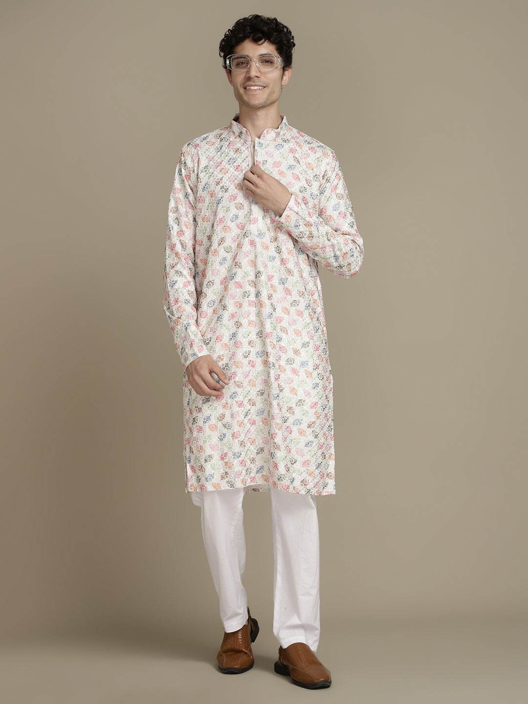 Embroidery Beige Cotton Multi Color Block Print Mandarin Collar Regular Fit Designer Kurta