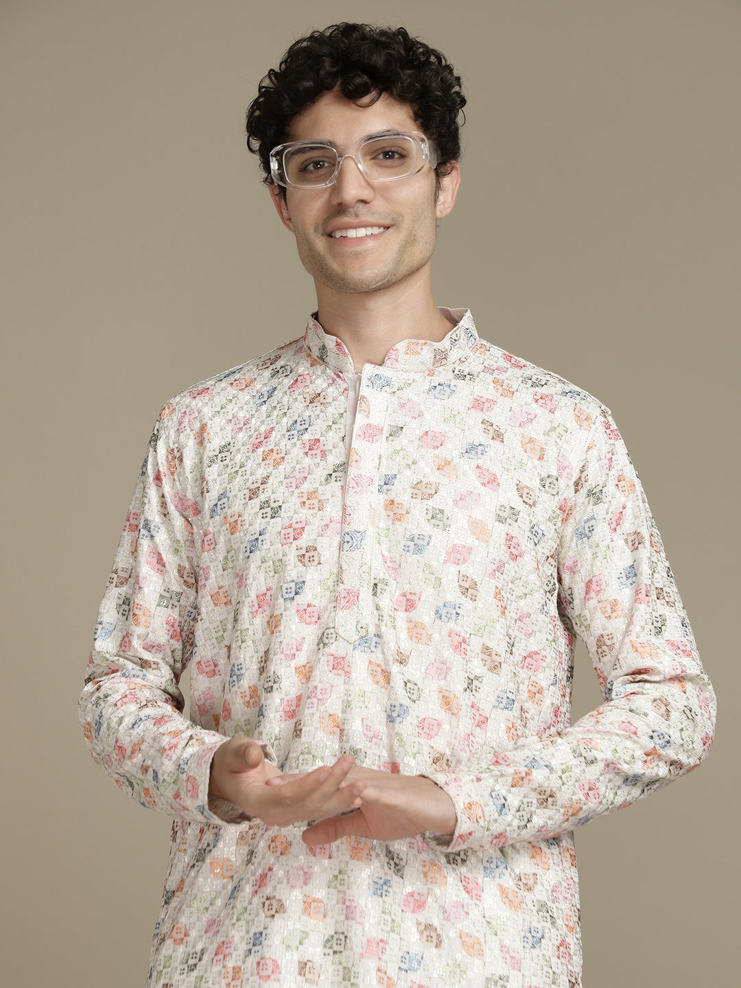 Embroidery Beige Cotton Multi Color Block Print Mandarin Collar Regular Fit Designer Kurta