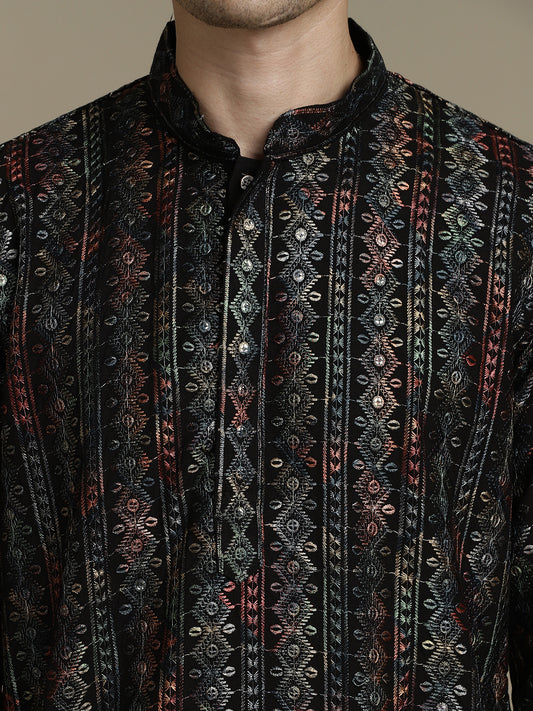 Black Stripes Cotton Block Print Mandarin Collar Embroidery designer Regular Fit Kurta