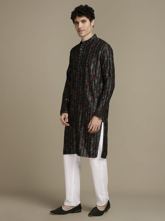 Black Stripes Cotton Block Print Mandarin Collar Embroidery designer Regular Fit Kurta