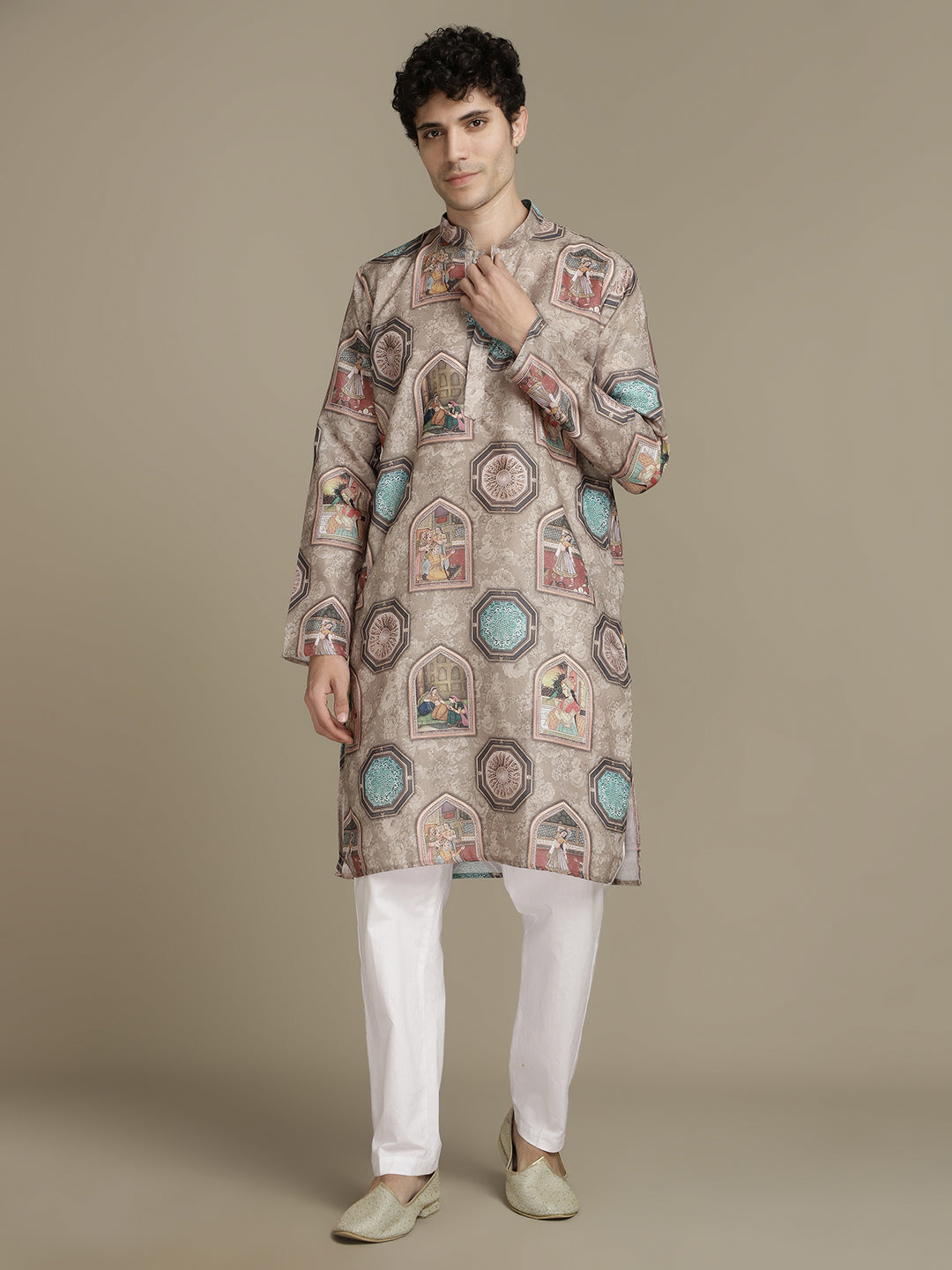 Cultural Brown Cotton Digital Print Mandarin Collar Regular Fit Kurta