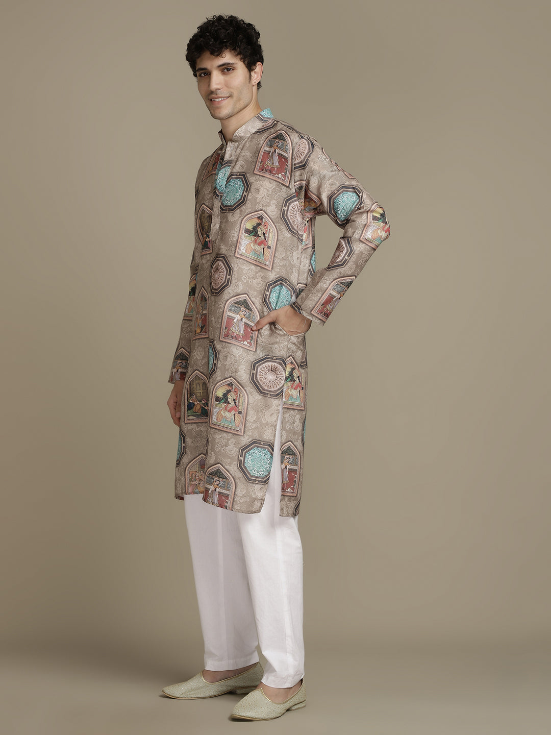 Cultural Brown Cotton Digital Print Mandarin Collar Regular Fit Kurta