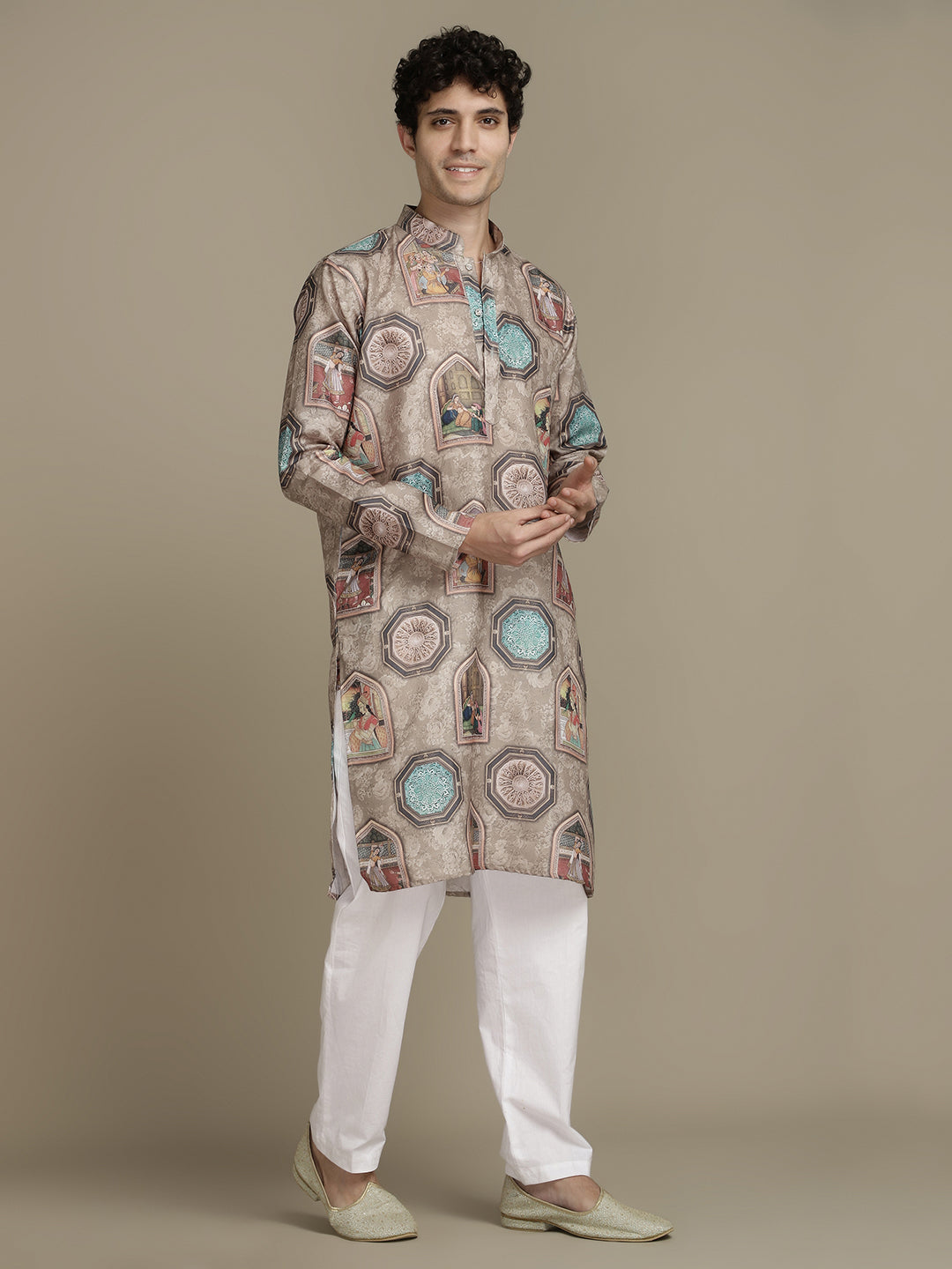 Cultural Brown Cotton Digital Print Mandarin Collar Regular Fit Kurta
