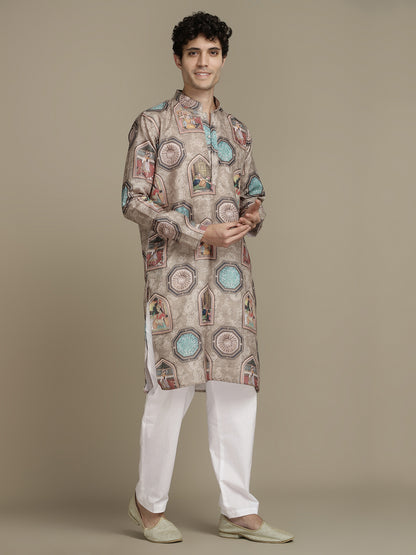 Cultural Brown Cotton Digital Print Mandarin Collar Regular Fit Kurta
