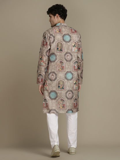 Cultural Brown Cotton Digital Print Mandarin Collar Regular Fit Kurta