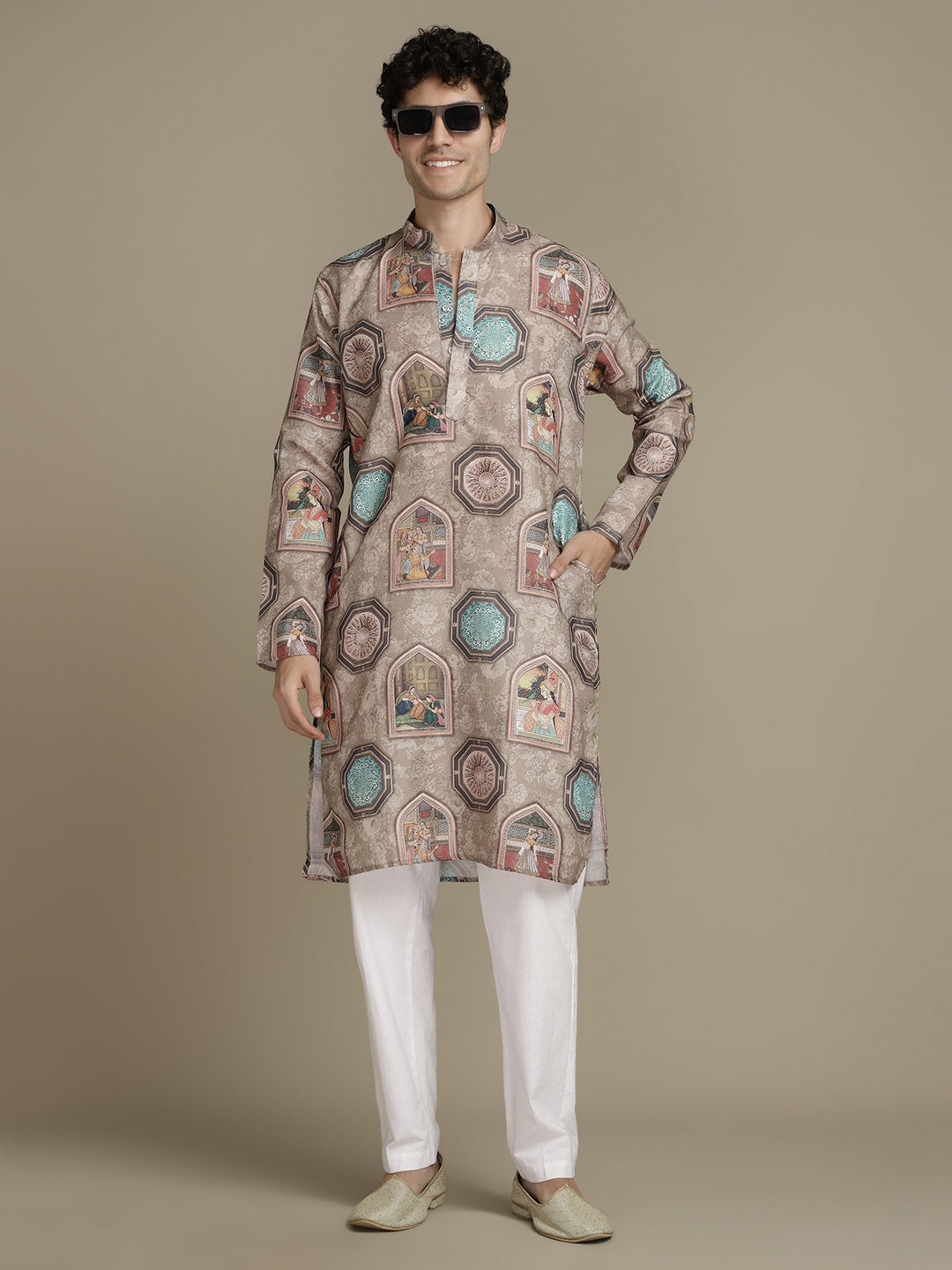 Cultural Brown Cotton Digital Print Mandarin Collar Regular Fit Kurta