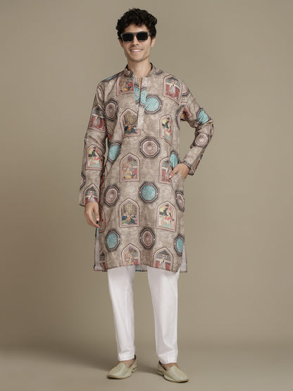 Cultural Brown Cotton Digital Print Mandarin Collar Regular Fit Kurta