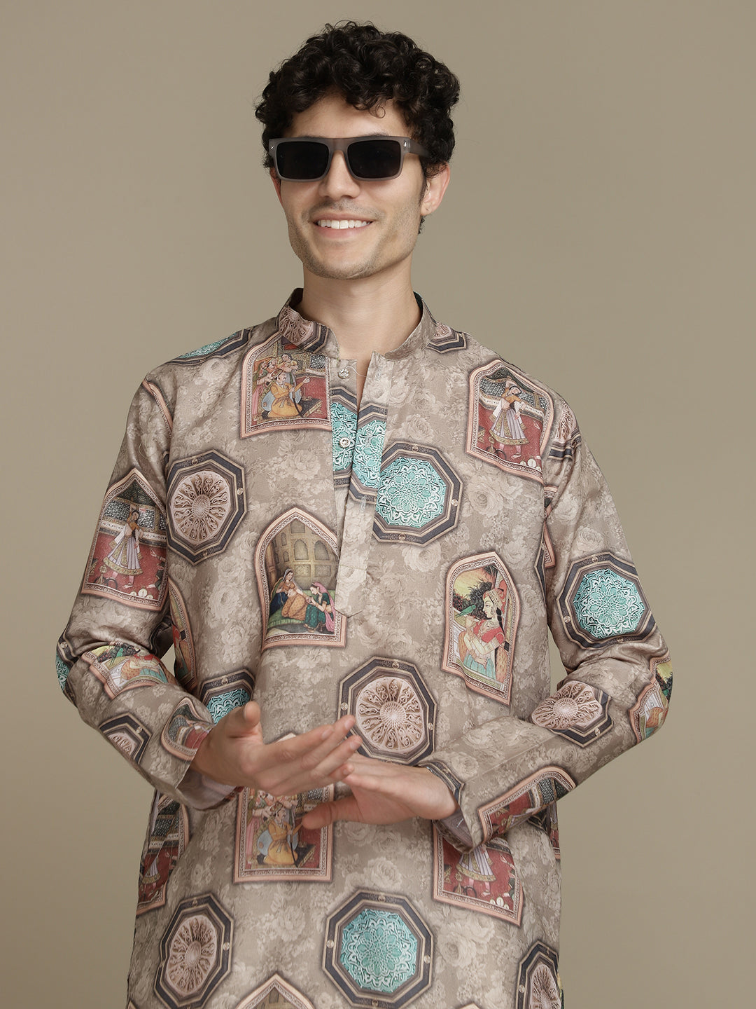 Cultural Brown Cotton Digital Print Mandarin Collar Regular Fit Kurta