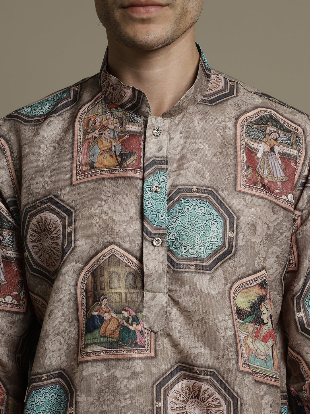 Cultural Brown Cotton Digital Print Mandarin Collar Regular Fit Kurta