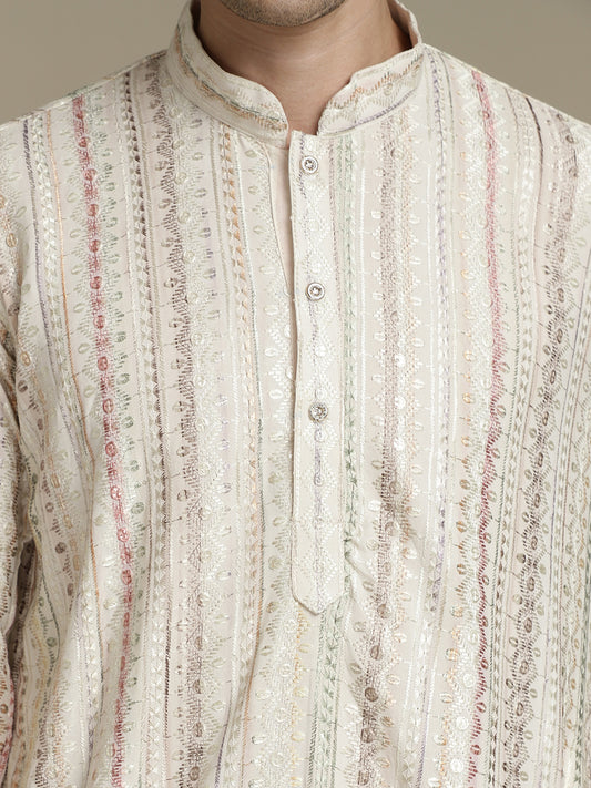 Rich Beige Cotton Block Print Mandarin Collar Regular Fit Embroidery designer Kurta