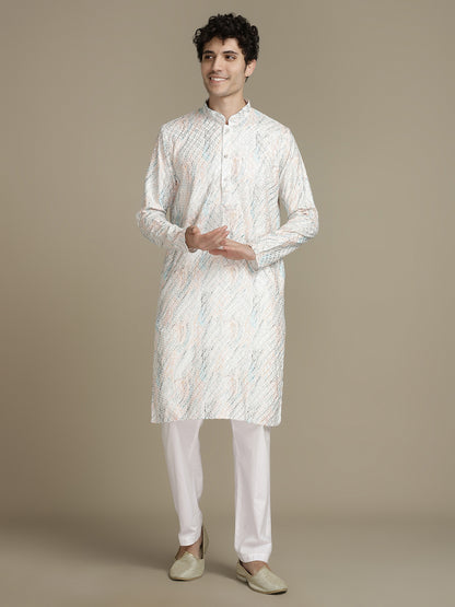 Allover Embroidery White Cotton Block Print Mandarin Collar Regular Fit Kurta
