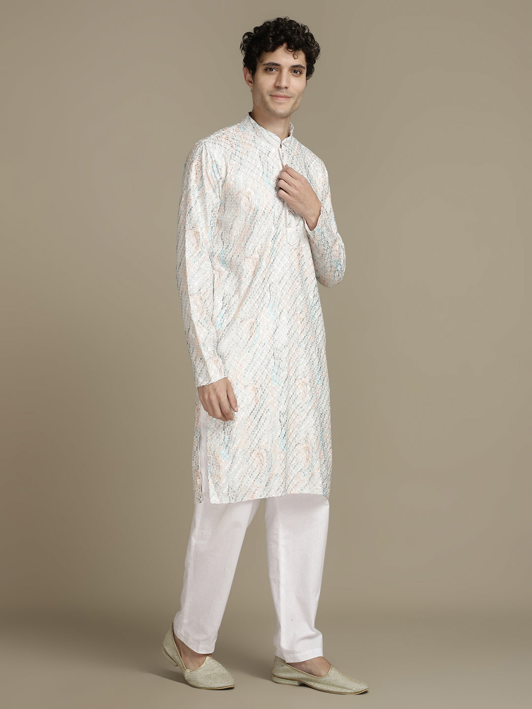 Allover Embroidery White Cotton Block Print Mandarin Collar Regular Fit Kurta