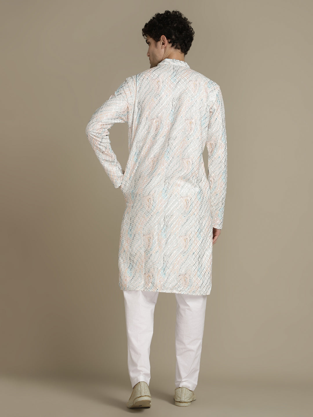 Allover Embroidery White Cotton Block Print Mandarin Collar Regular Fit Kurta
