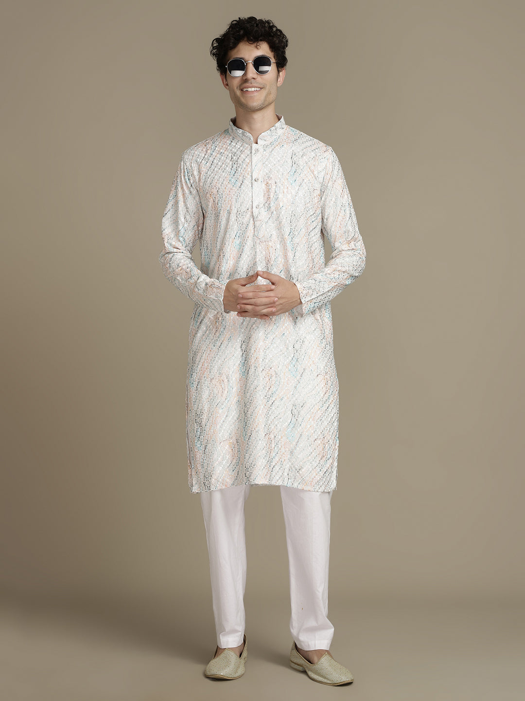Allover Embroidery White Cotton Block Print Mandarin Collar Regular Fit Kurta