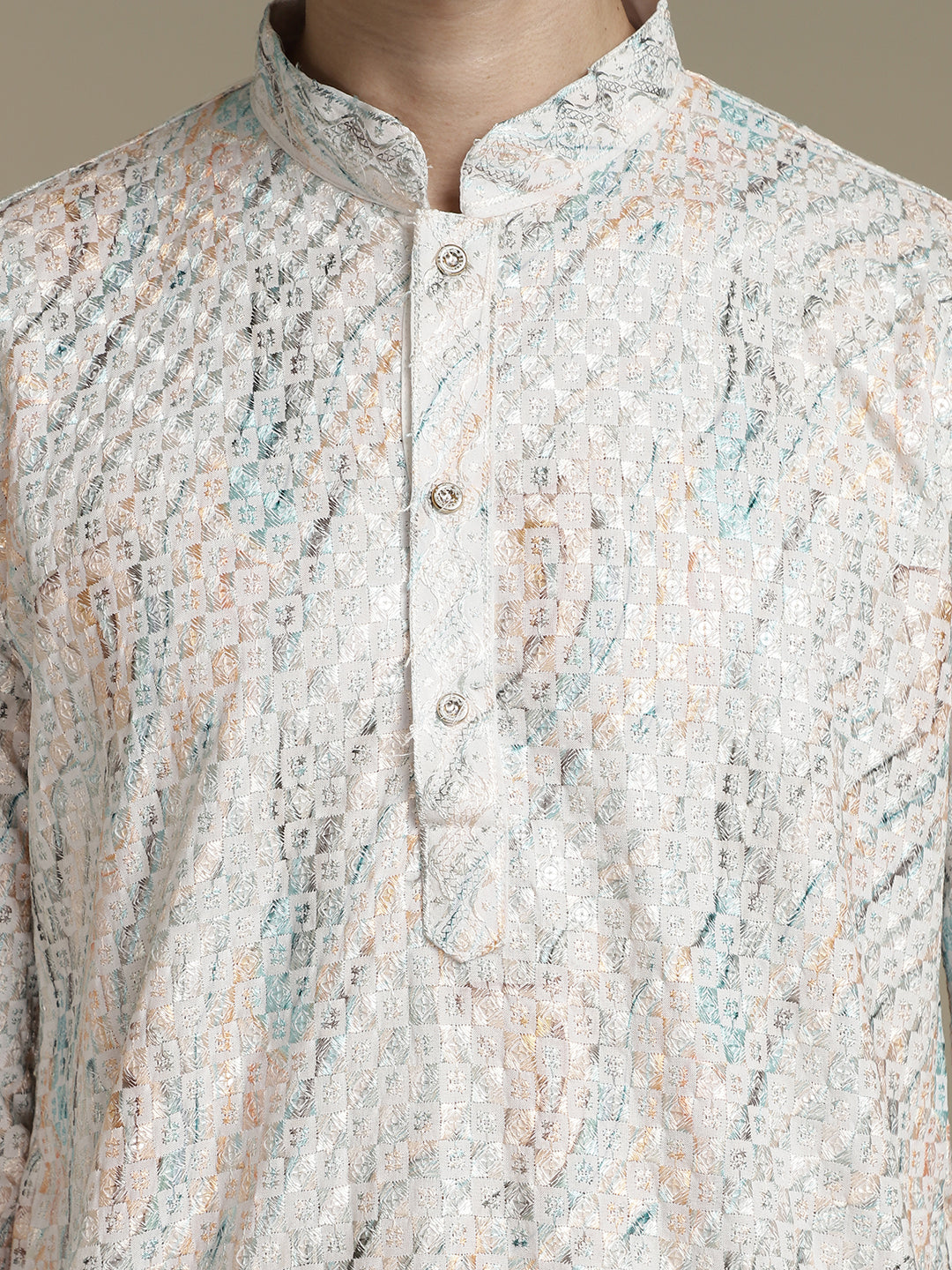 Allover Embroidery White Cotton Block Print Mandarin Collar Regular Fit Kurta