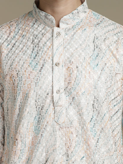 Allover Embroidery White Cotton Block Print Mandarin Collar Regular Fit Kurta